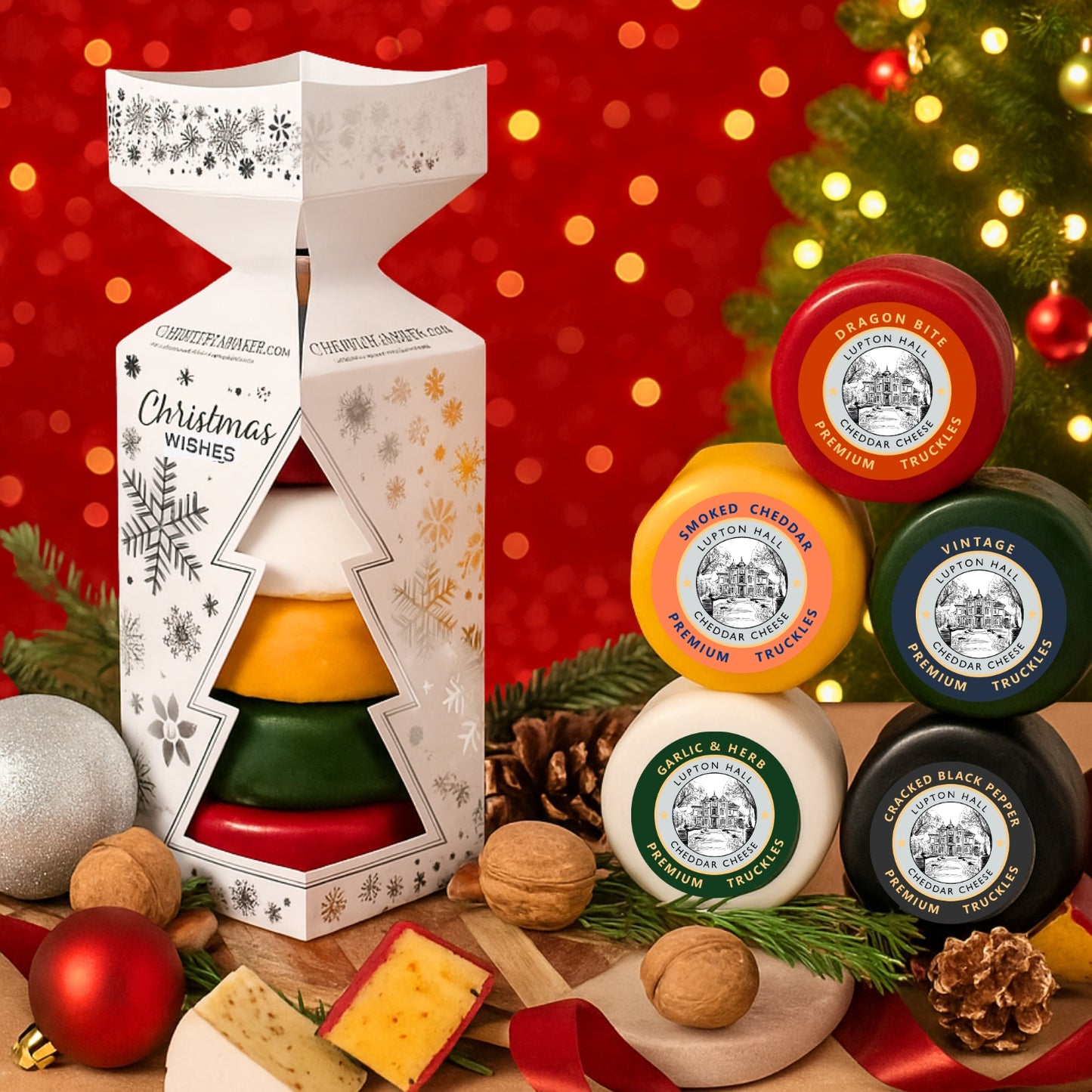 Cheese Christmas Cracker decorative packaging on a festive background with Christmas tree and lights.