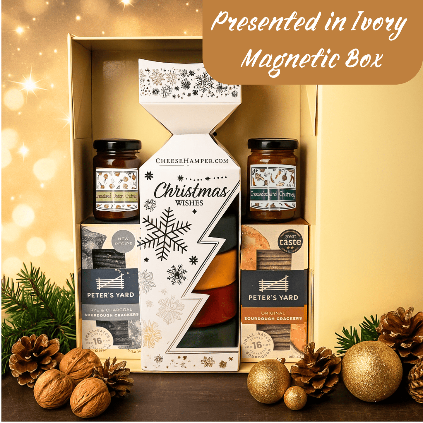 Cheese Christmas Cracker | 5 Cheddar Cheese Truckles | 2 Chutneys 2 Crackers