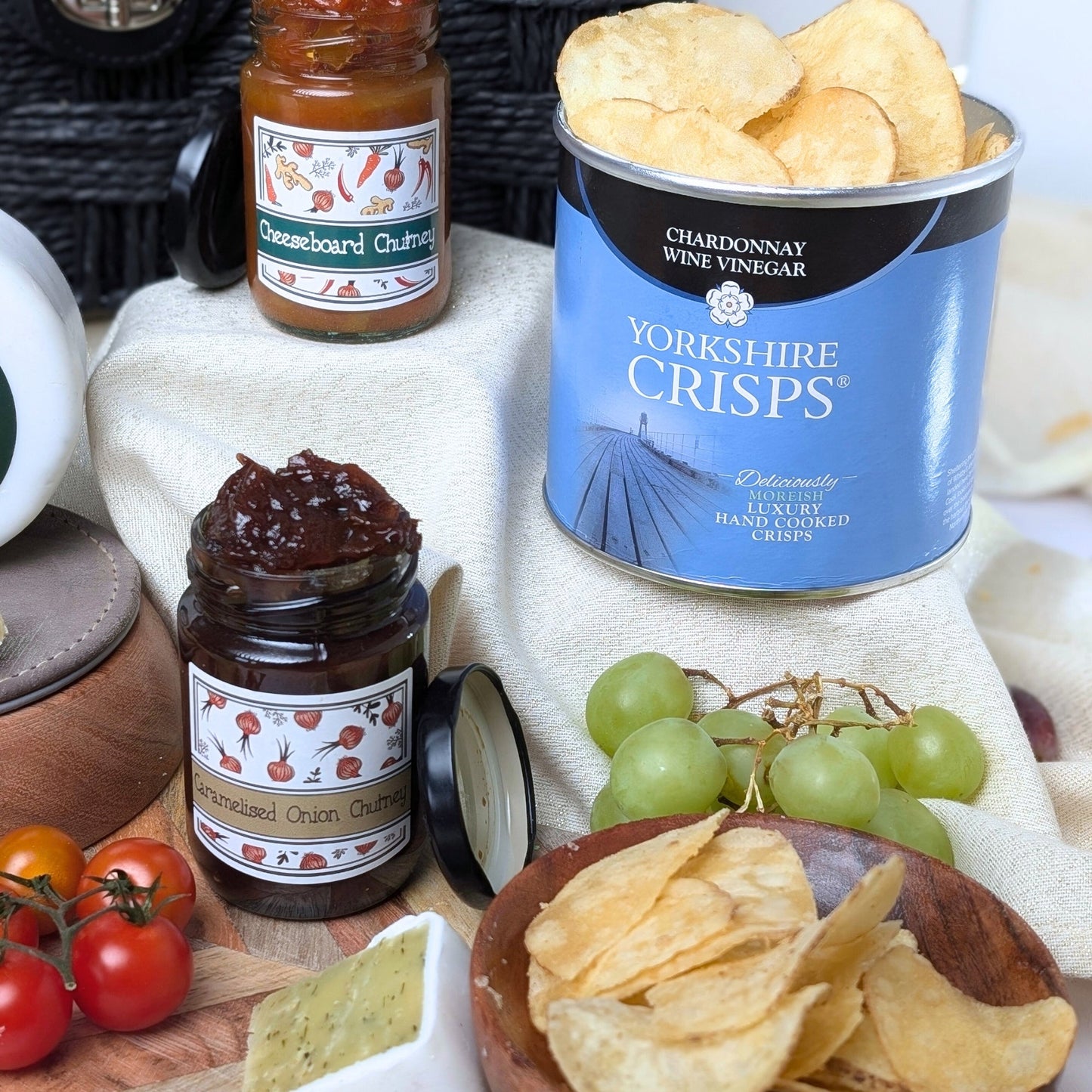Cheese and Crisps Hamper | 5 Cheeses, Yorkshire Crisps, 2 Chutneys & Crackers In Hamper Basket - Cheese Hamper