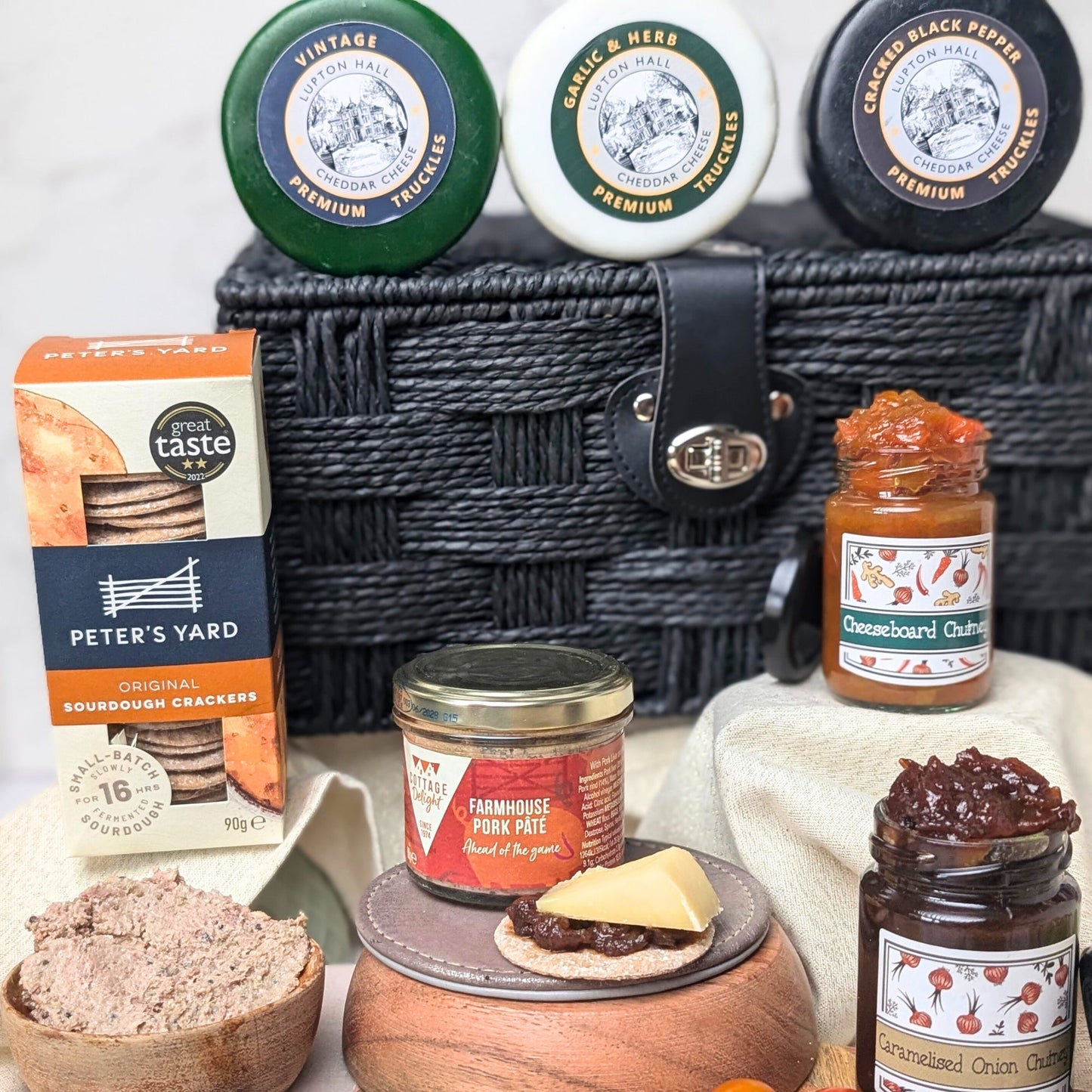 Cheese and Pate Hamper | 3 Cheeses, Pâté, 2 Chutneys & 2 Crackers In Gift Hamper Basket - Cheese Hamper