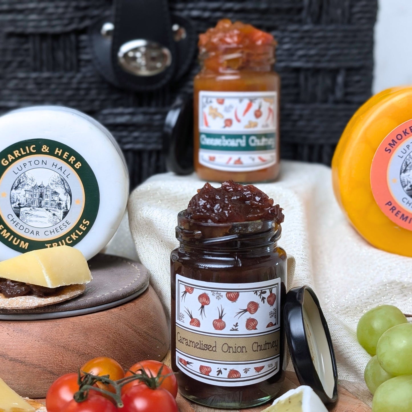 Cheese Hamper | Cheese & Chutney Hamper | 5 Cheeses, 2 Chutneys & Crackers In Hamper Basket - Cheese Hamper
