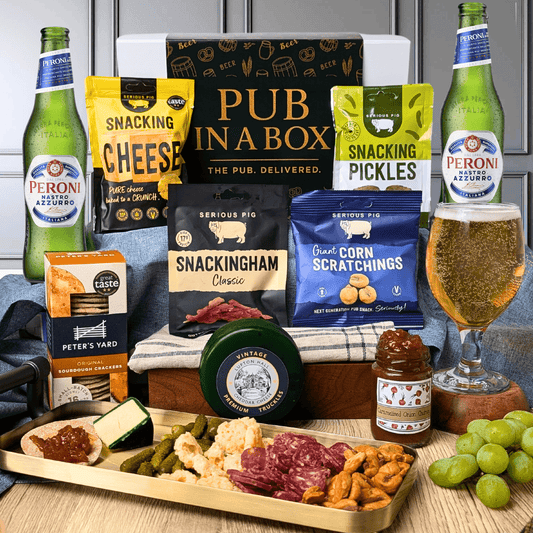 Pub in a Box Gift Hamper Set | Includes Cheese, Crackers & Bar Snacks + 2 Beers of Choice - Cheese Hamper