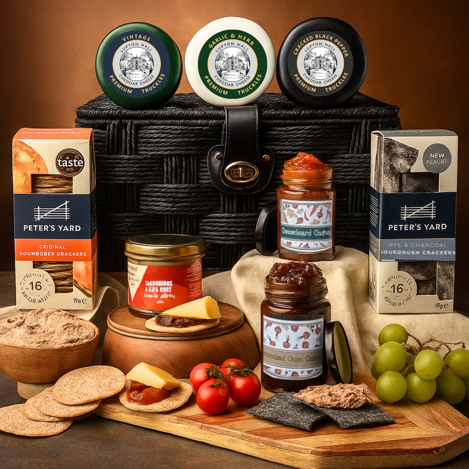 Cheese and Pate Hamper | 3 Cheeses, Pâté, 2 Chutneys & 2 Crackers In Gift Hamper Basket