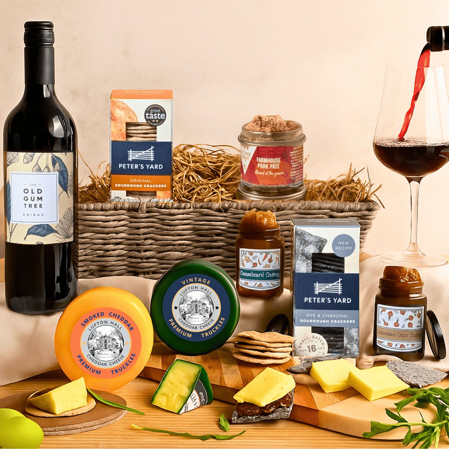 Wine and Cheese Gift Basket | Includes Pate, Crackers, Cheeses & Chutneys