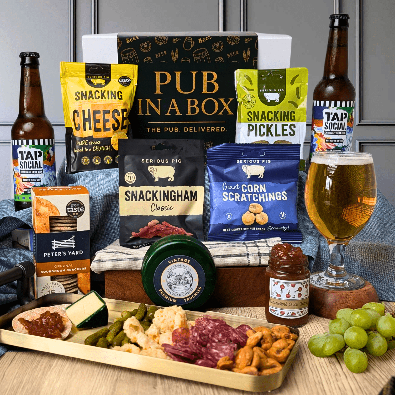 Pub in a Box Gift Hamper Set | Includes Cheese, Crackers & Bar Snacks + 2 Beers of Choice - Cheese Hamper