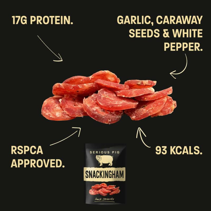 Air dried British pork snacking ham 35g close up