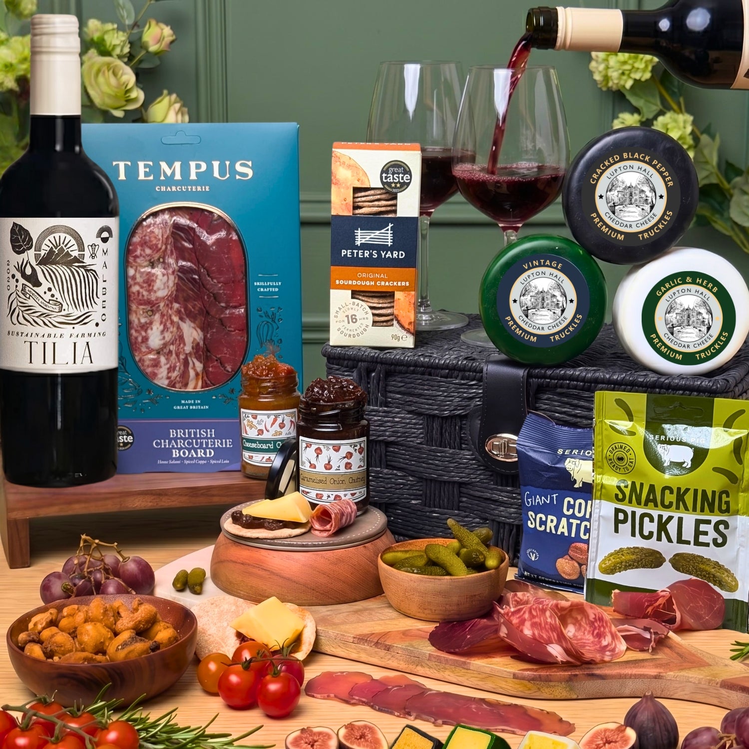 Food & Wine Hamper | Includes Cheese, Crackers, Chutney, Charcuterie, Nibbles and Wine