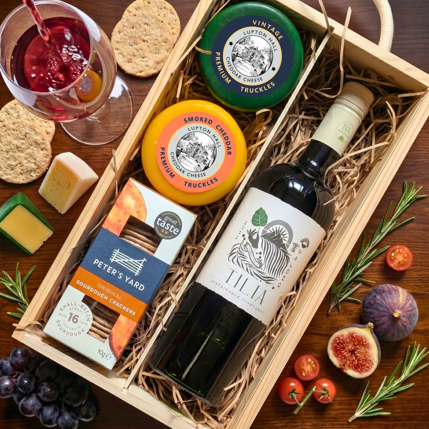 Cheese and Wine Gift | Choice of Wine | 2 Cheeses and Crackers in a Wooden Box
