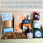 Afternoon tea gift box with cake jam biscuits cheese and tea