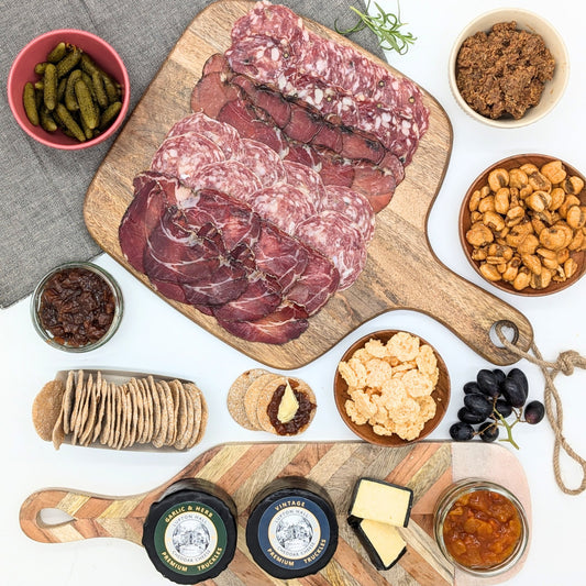 Charcuterie board + Charcuterie, Cheese, Chutney, Crackers & More Gift Hamper Box (Mango Wood Board) - Cheese Hamper