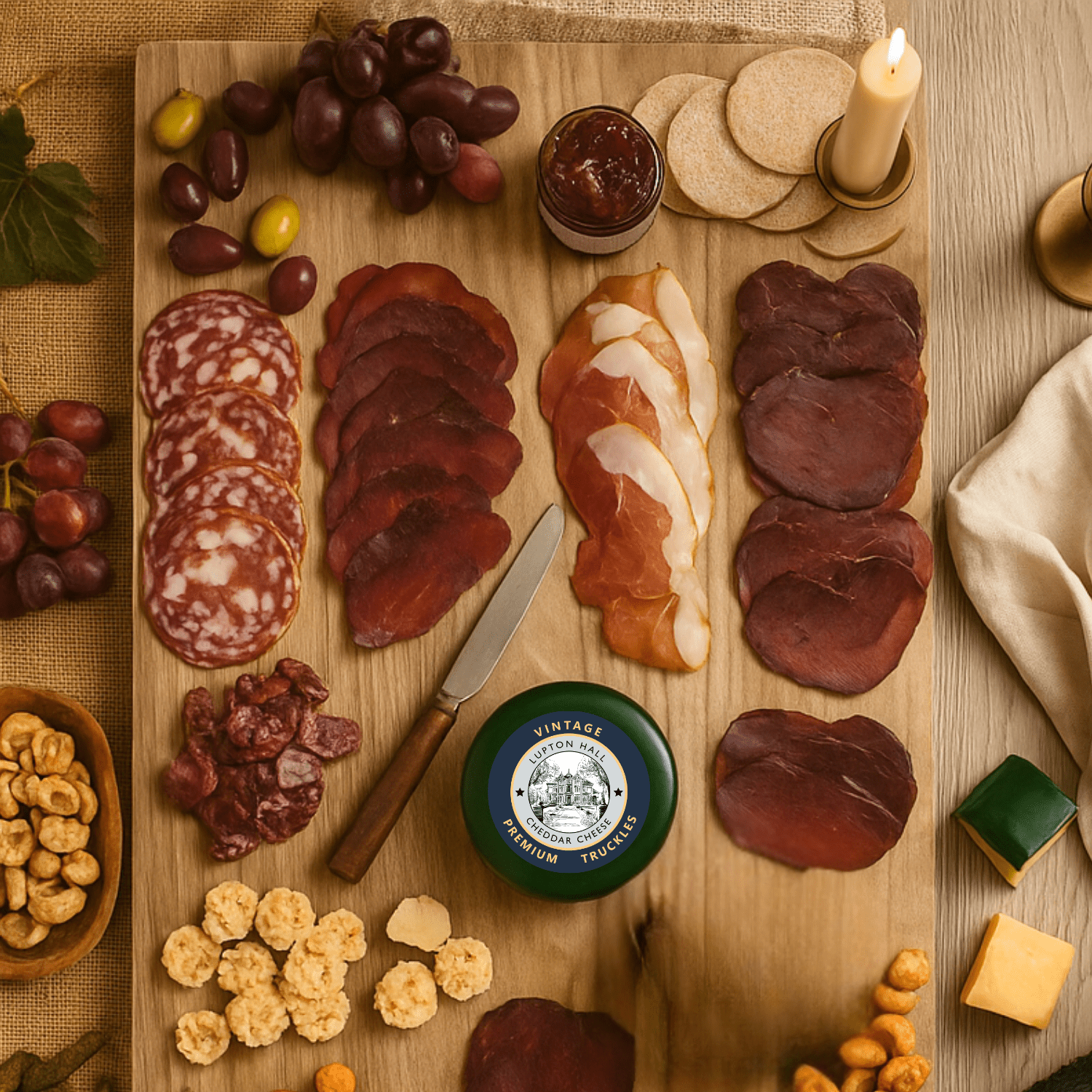 Wooden charcuterie board with sliced meats, cheeses, and accompaniments on a rustic wooden table.