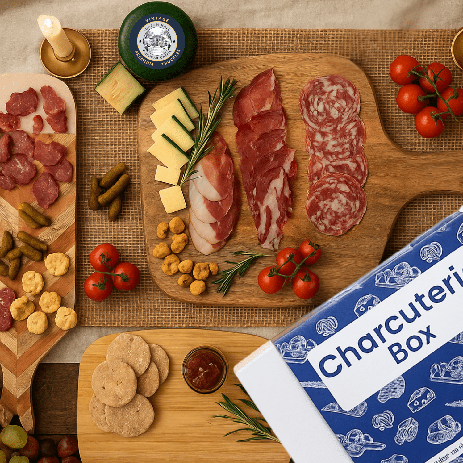 Charcuterie board with cured meats, cheeses, and vegetables on a wooden surface with a 'Charcuterie Box' packaging.