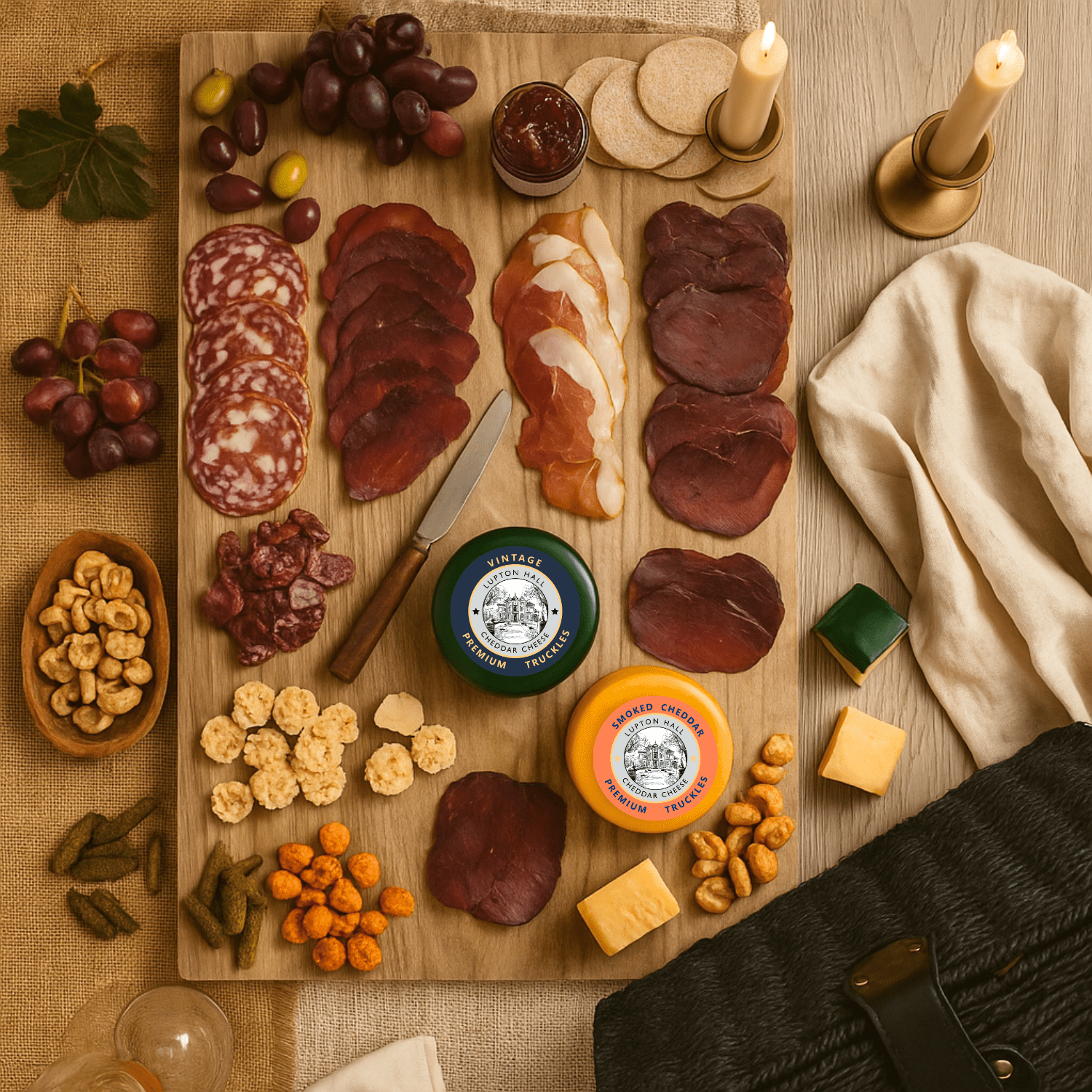 Wooden charcuterie board with cured meats, cheeses, and snacks on a rustic wooden table.