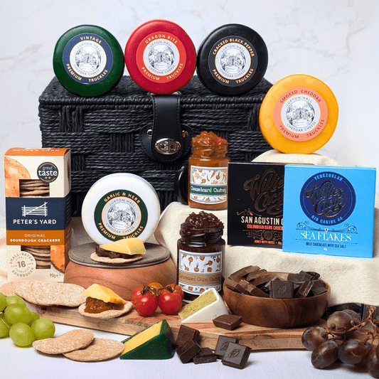 Cheese and Chocolate Hamper | 5 Cheeses, 2 Chocolates, 2 Chutneys & Crackers In Hamper Basket - Cheese Hamper