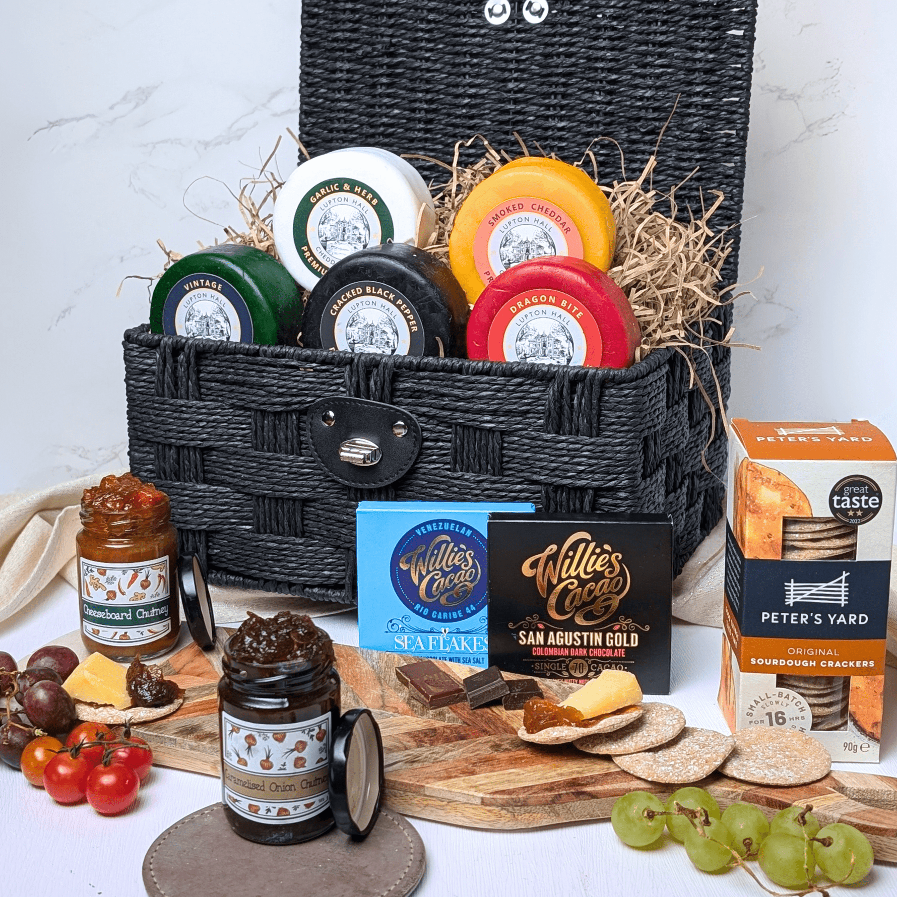 Cheese and Chocolate Hamper | 5 Cheeses, 2 Chocolates, 2 Chutneys & Crackers In Hamper Basket - Cheese Hamper