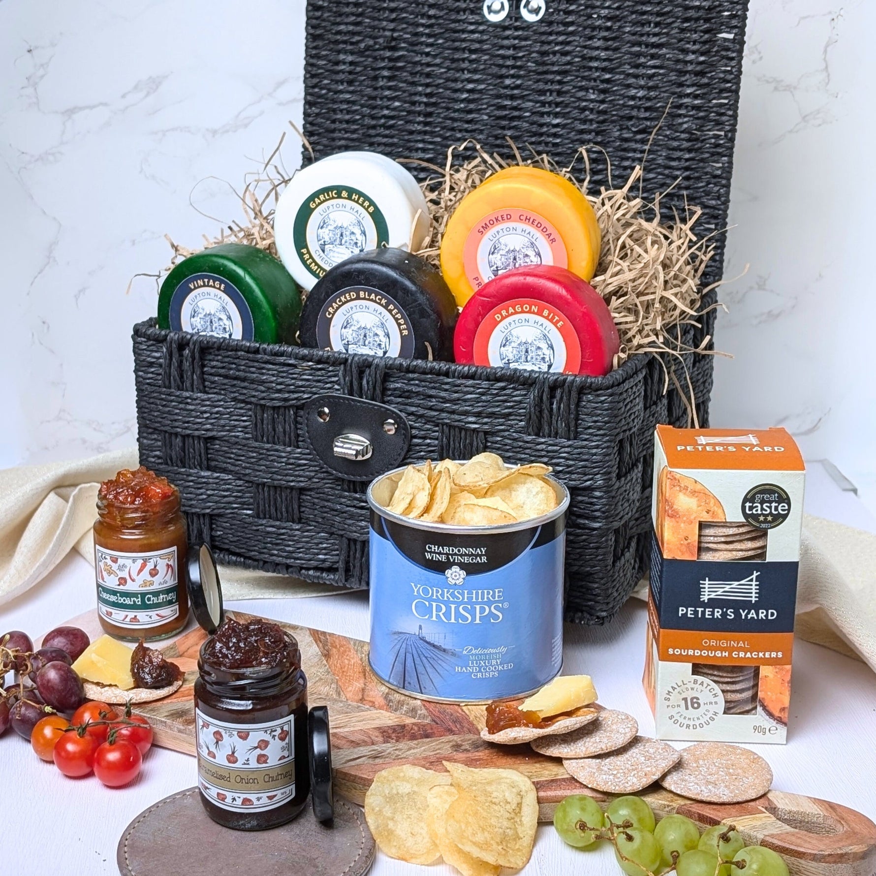 Cheese and Crisps Hamper | 5 Cheeses, Yorkshire Crisps, 2 Chutneys & Crackers In Hamper Basket - Cheese Hamper