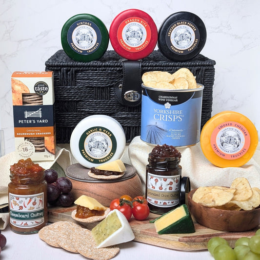 Cheese and Crisps Hamper | 5 Cheeses, Yorkshire Crisps, 2 Chutneys & Crackers In Hamper Basket - Cheese Hamper