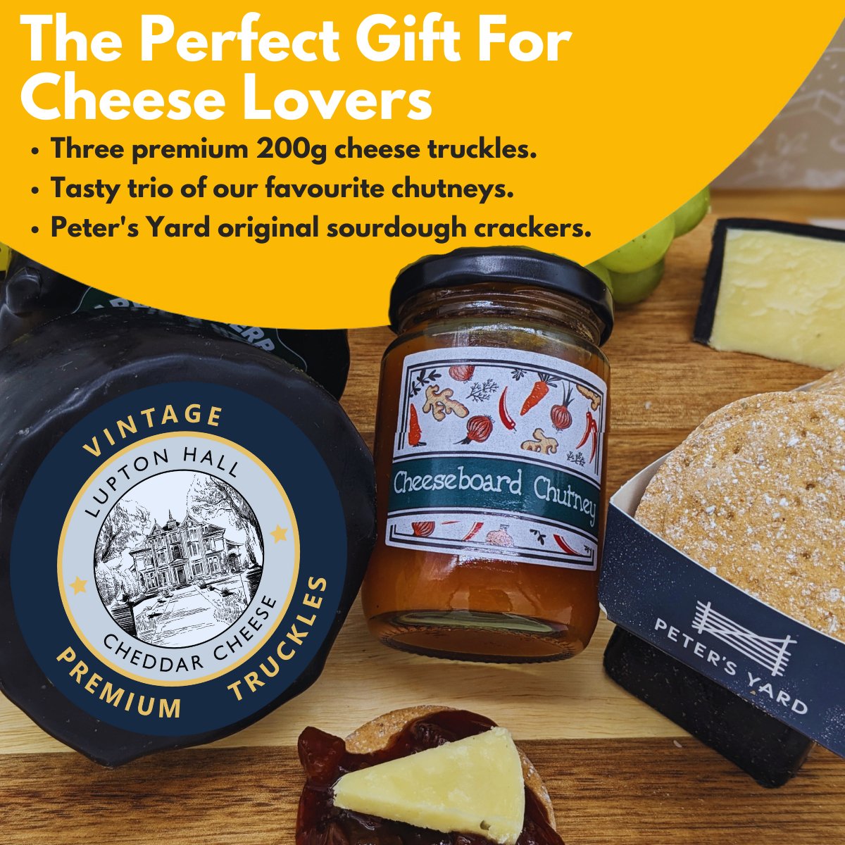 Cheese Gift Selection Box | 3 Cheese Truckle, 3 Chutneys and Crackers - Cheese Hamper