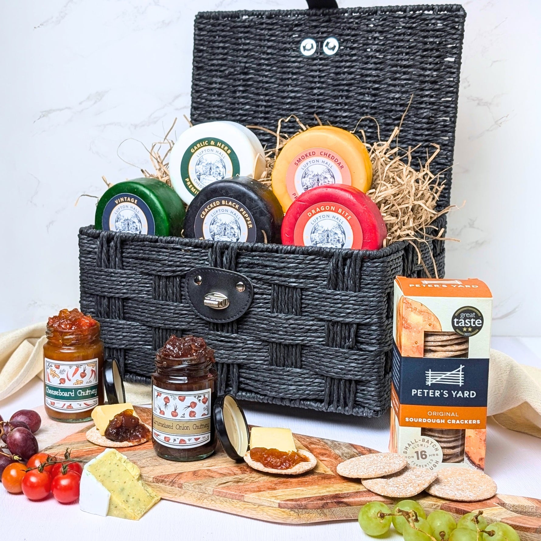 Cheese Hamper | Cheese & Chutney Hamper | 5 Cheeses, 2 Chutneys & Crackers In Hamper Basket - Cheese Hamper