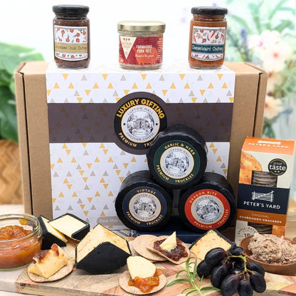 Cheese & Pate Gift Box Hamper | 3 Cheese Truckle, Pâté, 2 Chutneys and Crackers Gourmet Food Lovers - Cheese Hamper