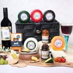 Luxury cheese and wine hamper featuring artisan cheeses, crackers, and The Old Gum Tree Shiraz (75cl), perfect for gifting