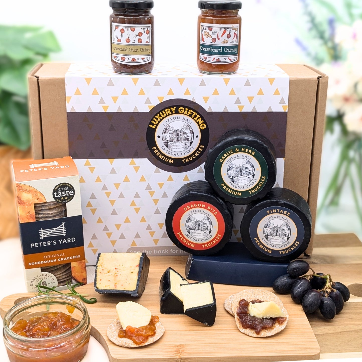 Cheeseboard + Cheese, Chutney & Crackers Gift (Bamboo Cheese Board) - Cheese Hamper