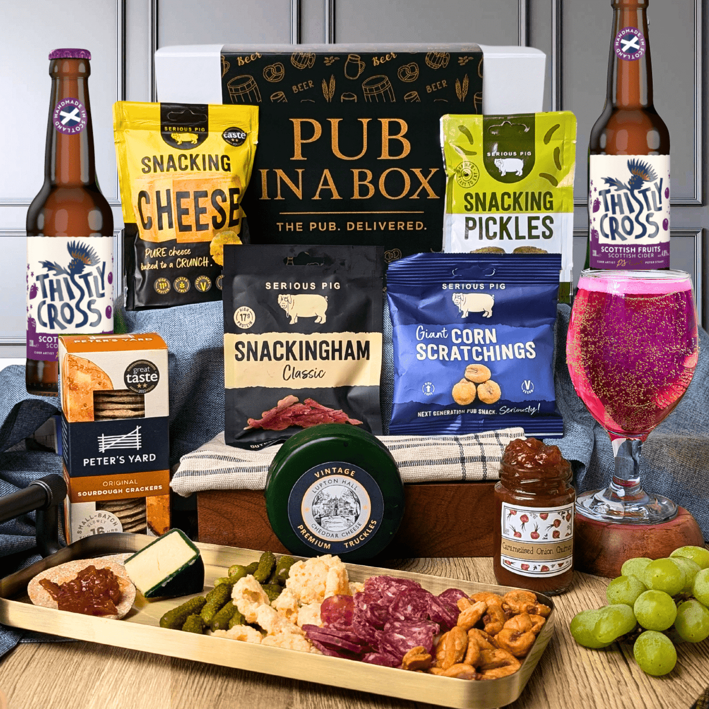 Pub in a Box Gift Hamper Set | Includes Cheese, Crackers & Bar Snacks + 2 Ciders of Choice