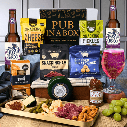 Pub in a Box Gift Hamper Set | Includes Cheese, Crackers & Bar Snacks + 2 Ciders of Choice