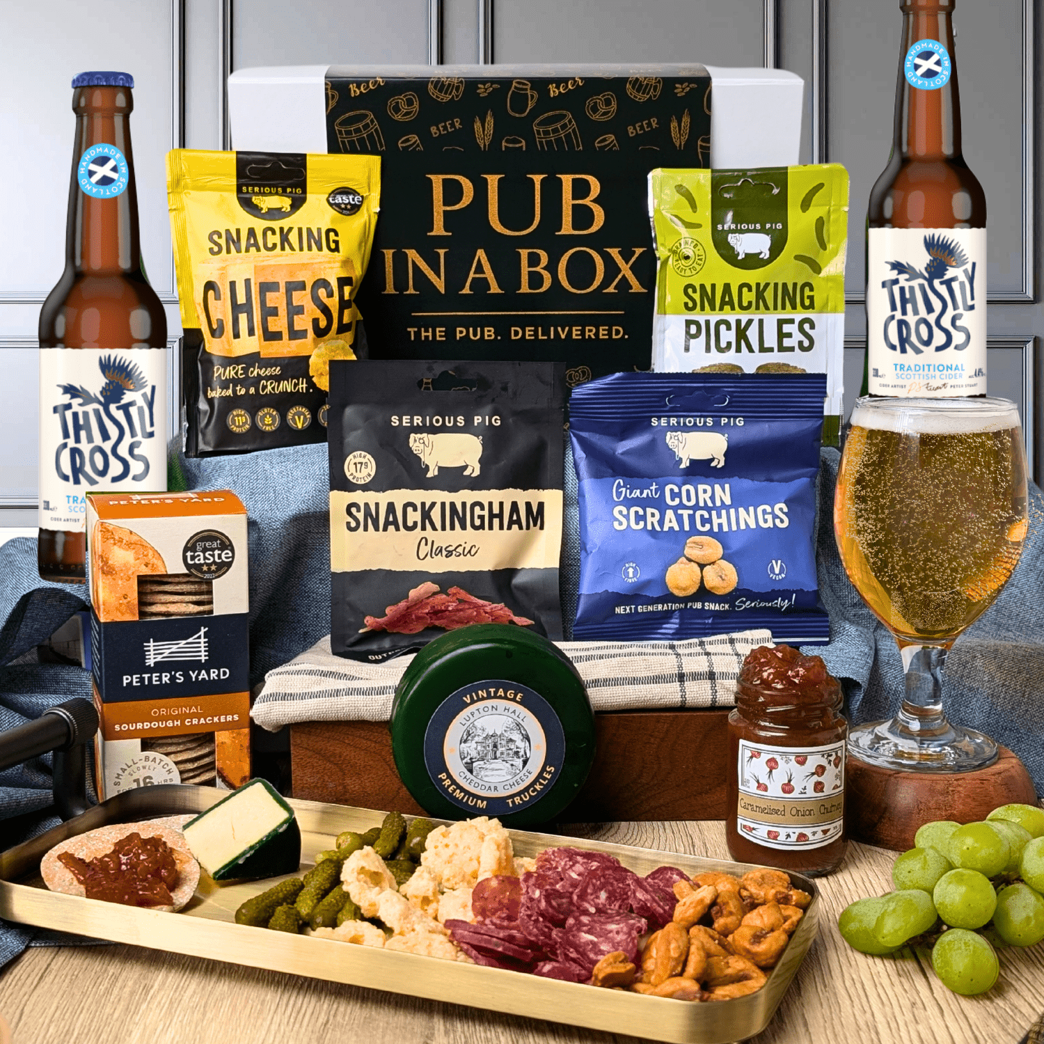 Pub in a Box Gift Hamper Set | Includes Cheese, Crackers & Bar Snacks + 2 Ciders of Choice