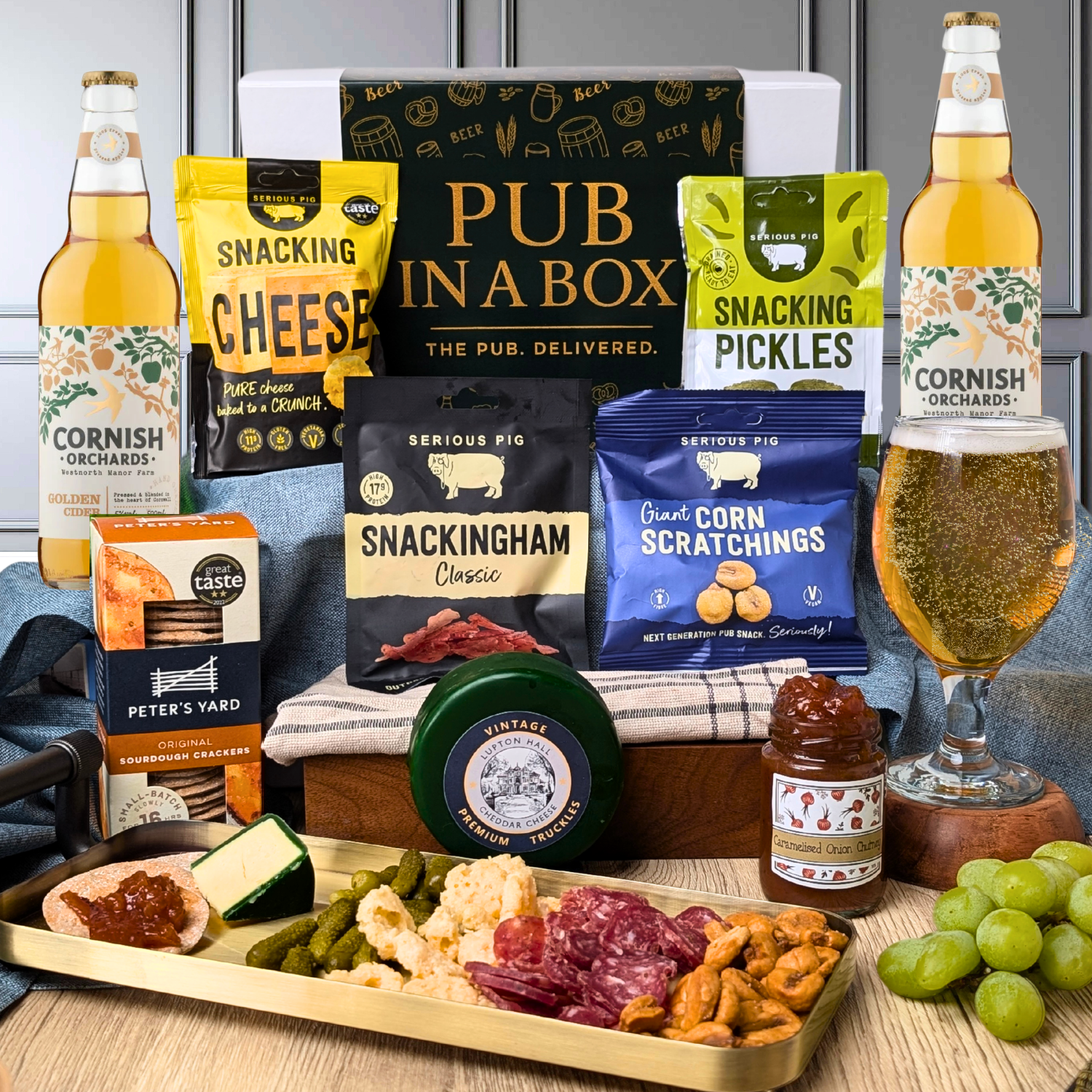Pub in a Box Cider Gift Hamper Set | Includes Cheese, Crackers & Bar Snacks + 2 Ciders of Choice