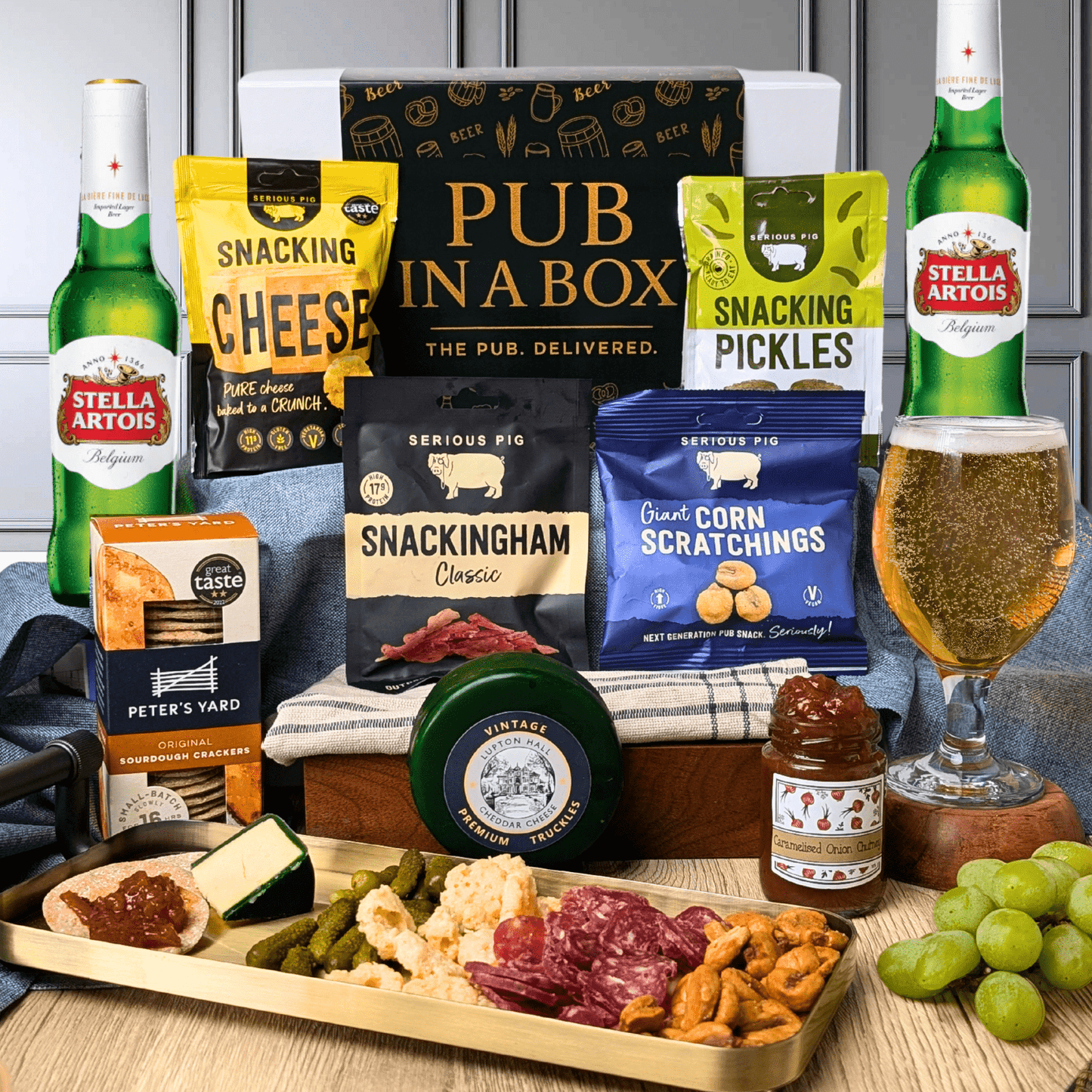 Pub in a Box Gift Hamper Set | Includes Cheese, Crackers & Bar Snacks + 2 Beers of Choice