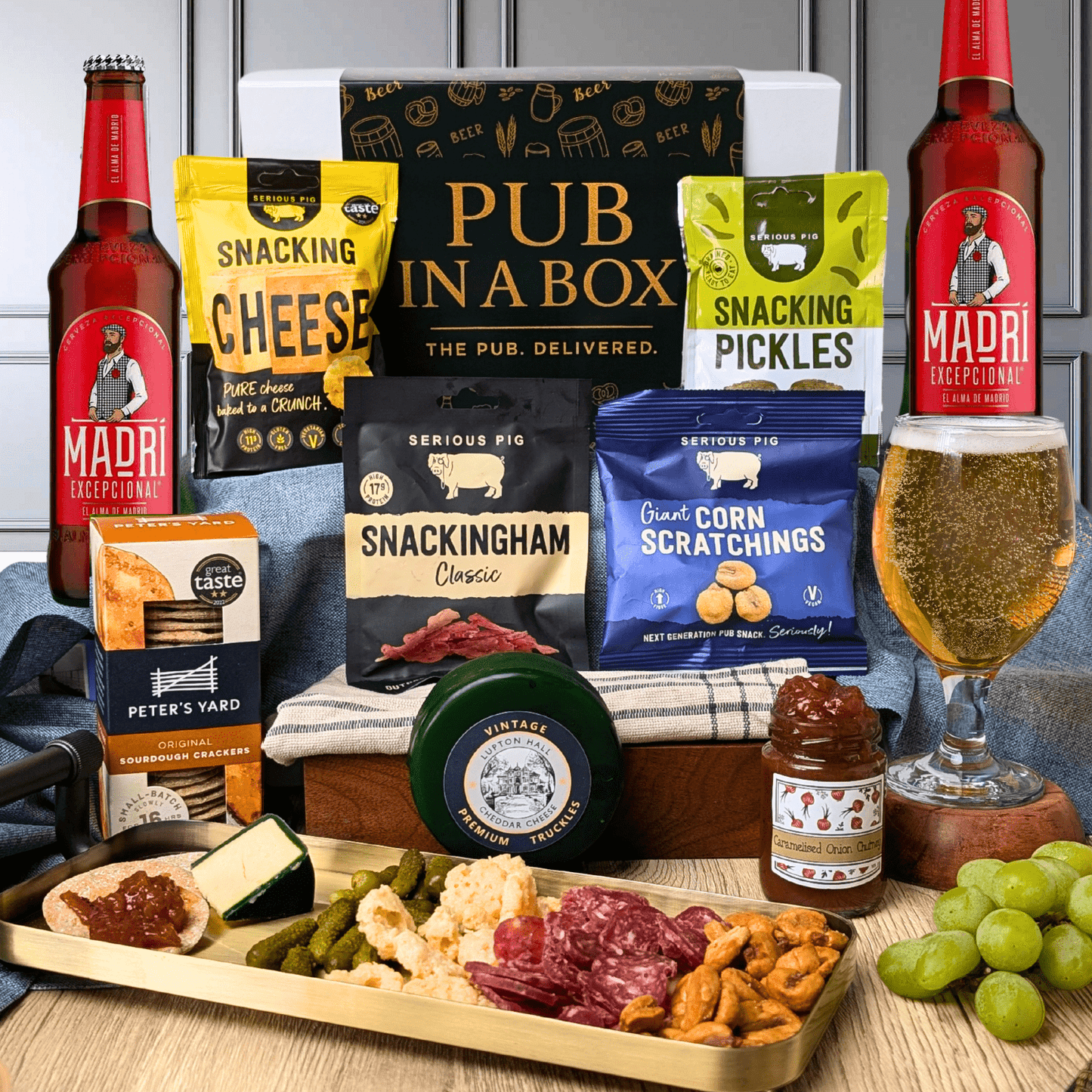 Pub in a Box Gift Hamper Set | Includes Cheese, Crackers & Bar Snacks + 2 Beers of Choice