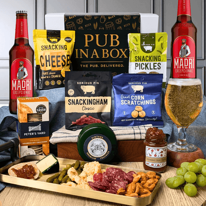 Pub in a Box Gift Hamper Set | Includes Cheese, Crackers & Bar Snacks + 2 Beers of Choice