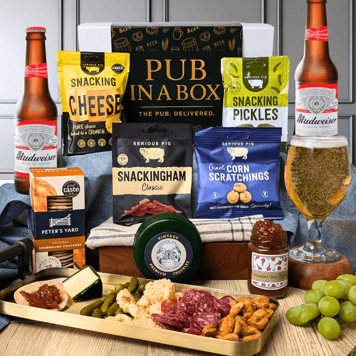 Pub in a Box Gift Hamper Set | Includes Cheese, Crackers & Bar Snacks + 2 Beers of Choice