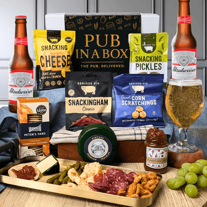 Pub in a Box Gift Hamper Set | Includes Cheese, Crackers & Bar Snacks + 2 Beers of Choice