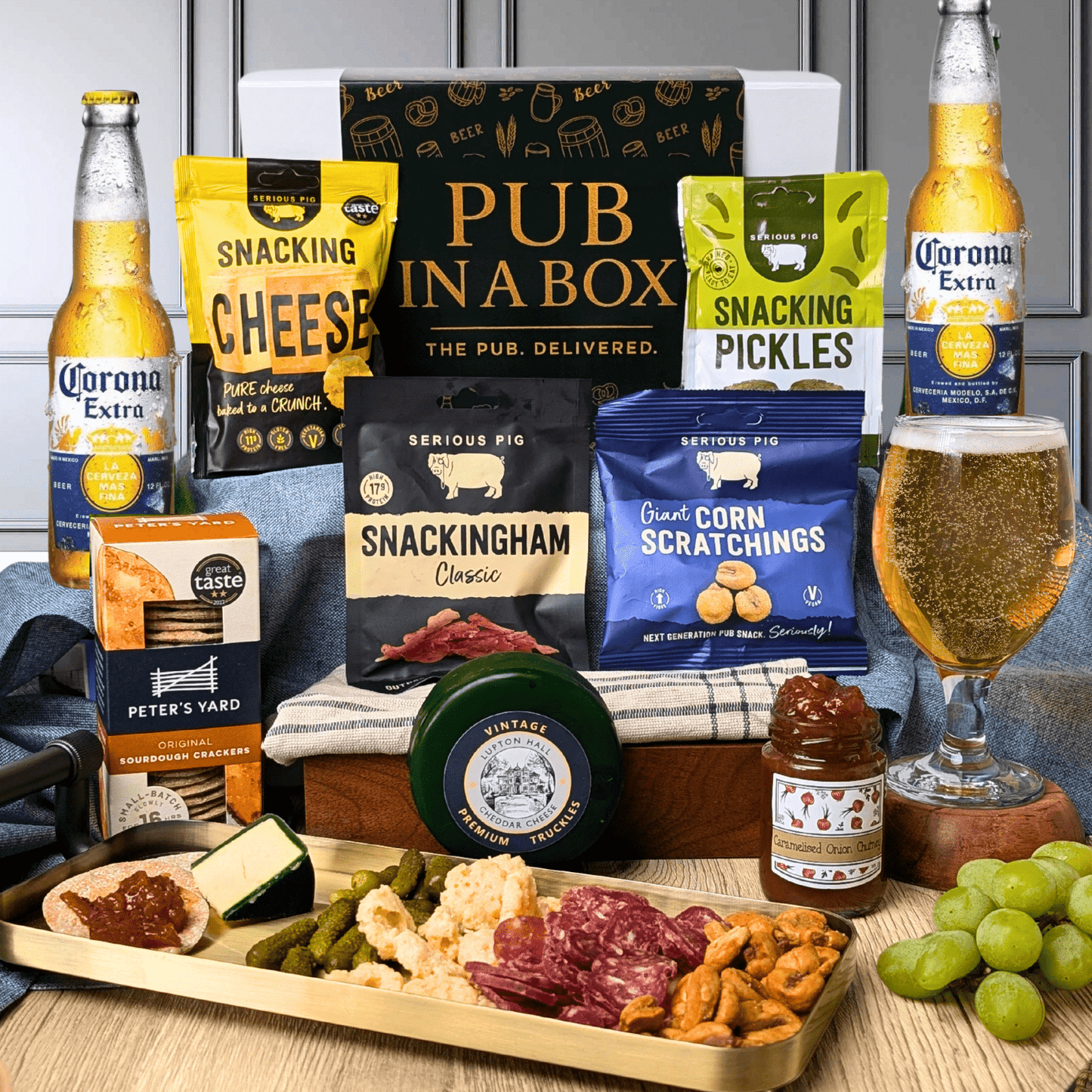Pub in a Box Gift Hamper Set | Includes Cheese, Crackers & Bar Snacks + 2 Beers of Choice
