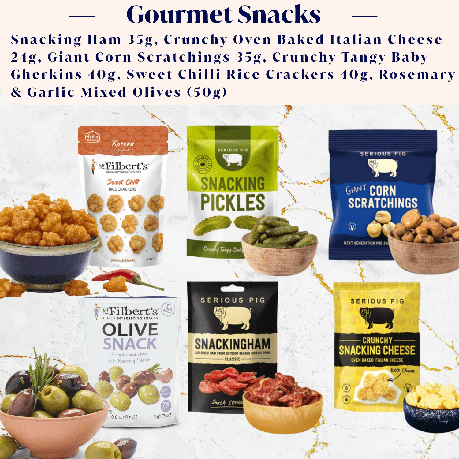 Assorted gourmet snacks including Snacking Ham, Crunchy Oven Baked Italian Cheese, and more on a white background.