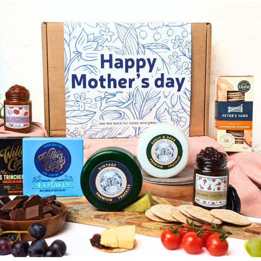 Mother's Day Cheese & Chocolate Gift Box featuring artisan cheeses, gourmet chutneys, handcrafted crackers, and indulgent chocolates, beautifully packaged for gifting.