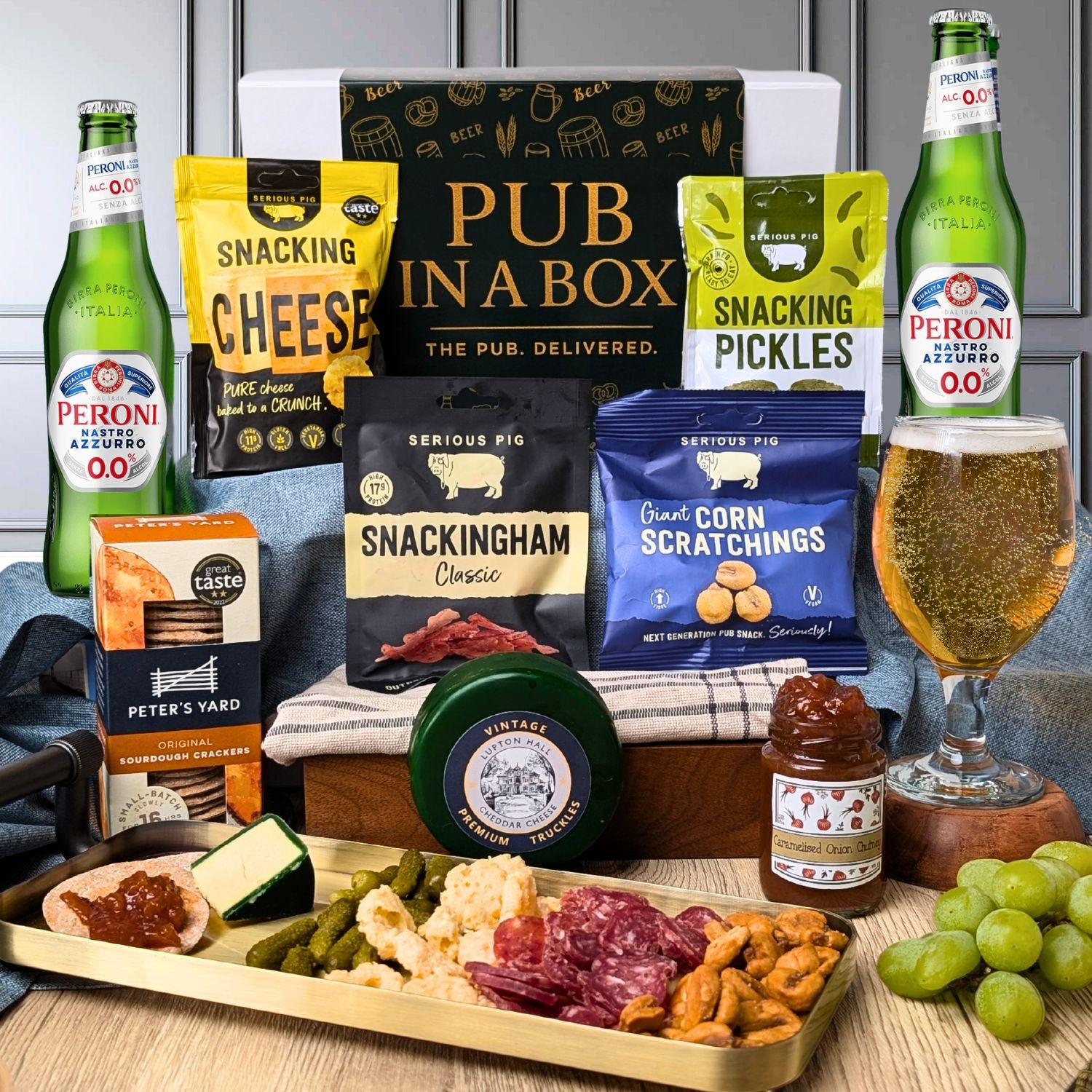 Non Alcoholic Pub in a Box Gift Hamper Set | Includes Cheese, Crackers & Bar Snacks + 2 Zero Percent Beers of Choice