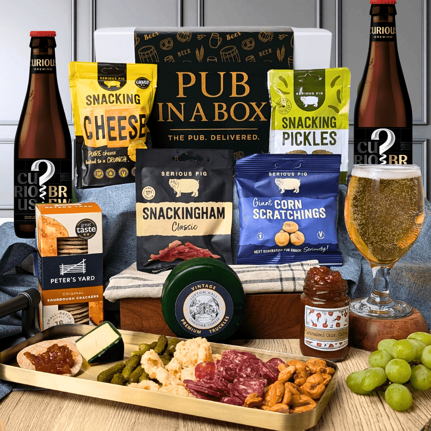 Pub in a Box Gift Hamper Set | Includes Cheese, Crackers & Bar Snacks + 2 Beers of Choice - Cheese Hamper