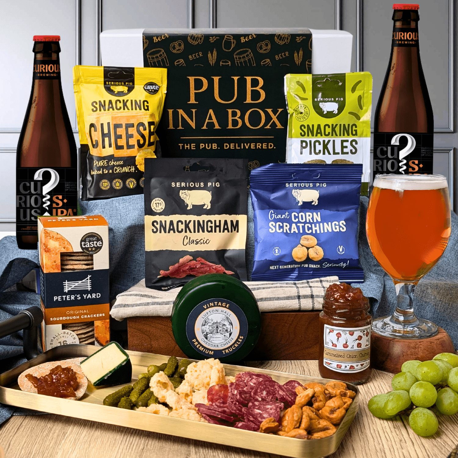 Pub in a Box Gift Hamper Set | Includes Cheese, Crackers & Bar Snacks + 2 Beers of Choice - Cheese Hamper