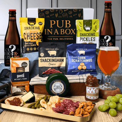 Pub in a Box Gift Hamper Set | Includes Cheese, Crackers & Bar Snacks + 2 Beers of Choice - Cheese Hamper