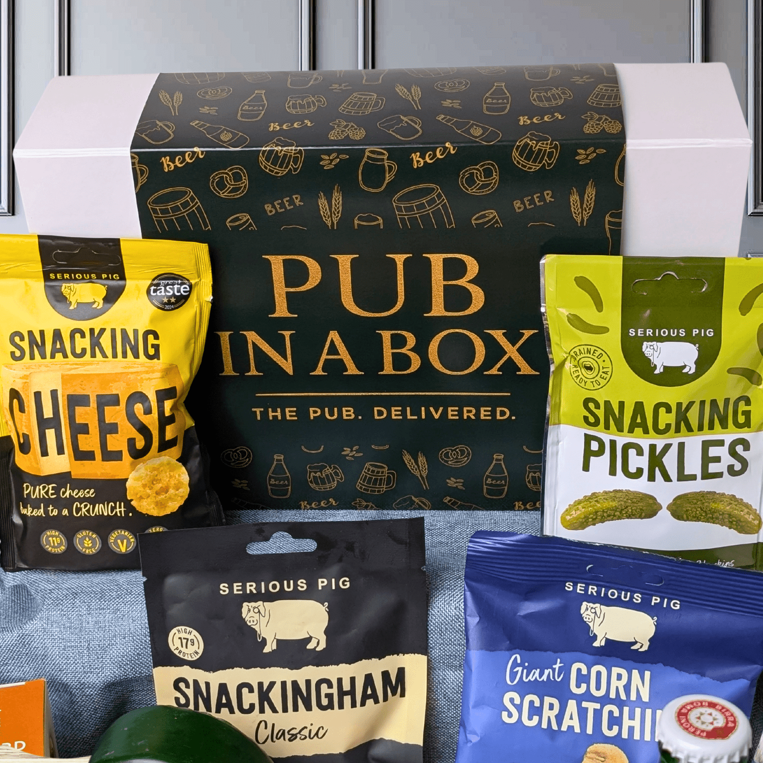 Pub in a Box Gift Hamper Set | Includes Cheese, Crackers & Bar Snacks + 2 Beers of Choice - Cheese Hamper