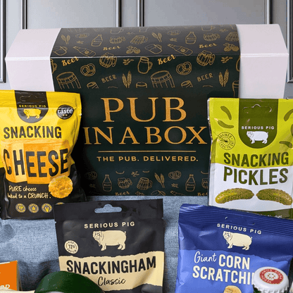 Pub in a Box Gift Hamper Set | Includes Cheese, Crackers & Bar Snacks + 2 Beers of Choice - Cheese Hamper