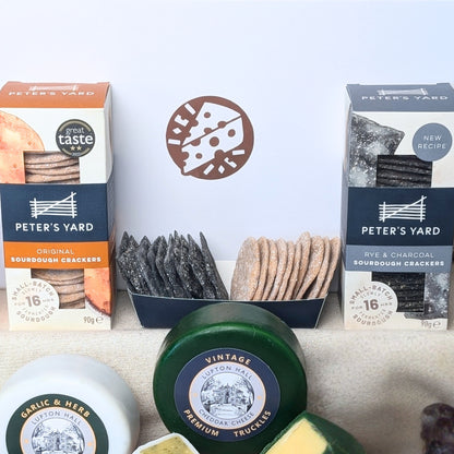 Peter’s Yard Sourdough Crackers and Rye & Charcoal Crackers, designed to complement artisan cheeses in the Luxury Cheese Gift Box.