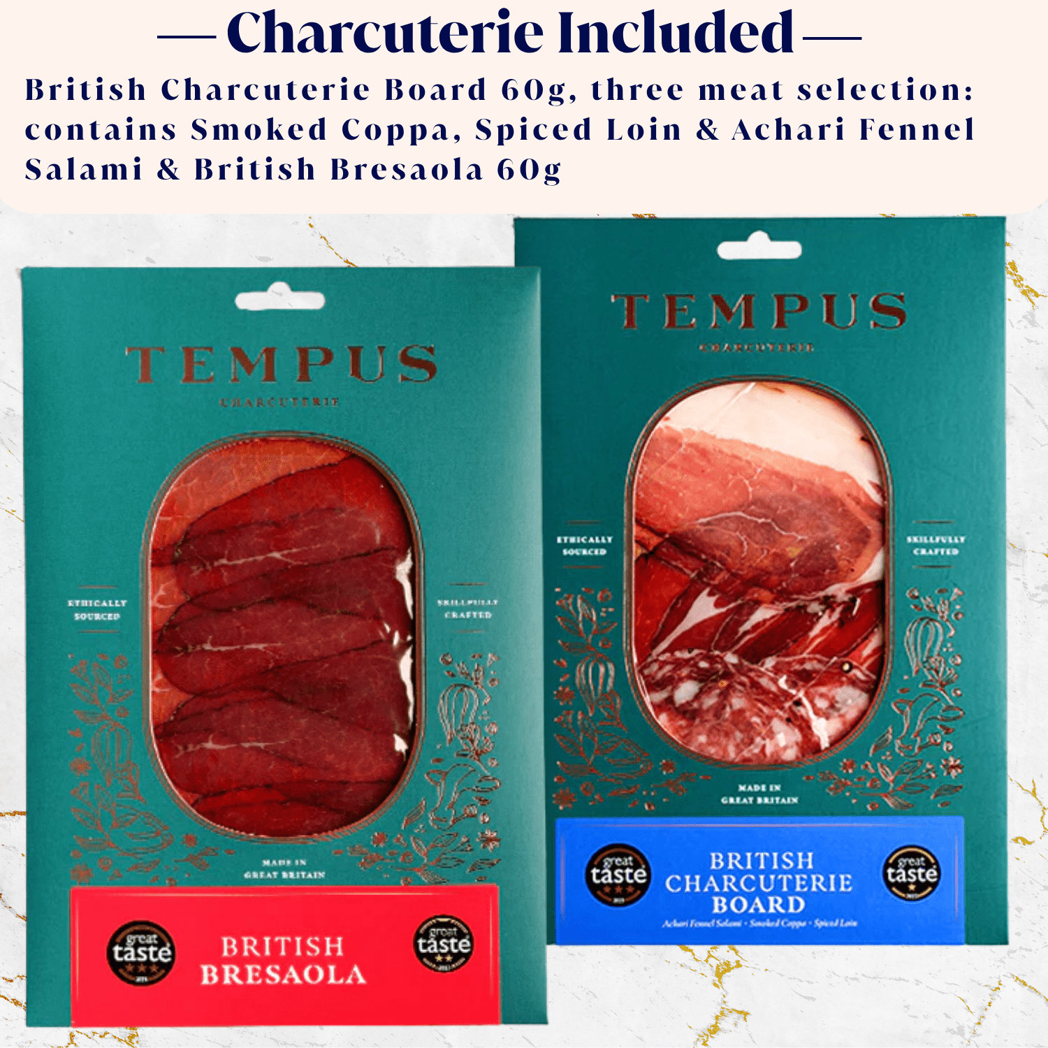 Two packages of Tempus British Charcuterie Board with text describing the contents.